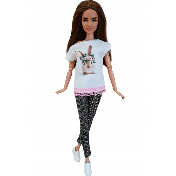 Bluzka mit Spitze für Modellpuppe, elegante weiße Bluse mit Hasenaufdruck