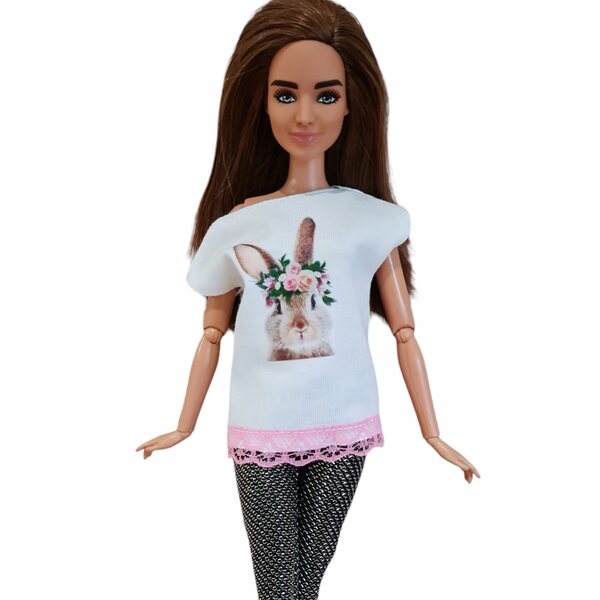 Bluzka mit Spitze für Modellpuppe, elegante weiße Bluse mit Hasenaufdruck