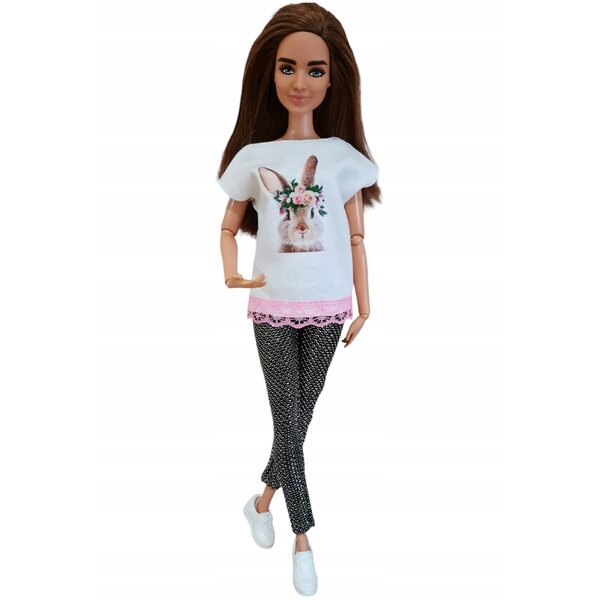 Bluzka mit Spitze für Modellpuppe, elegante weiße Bluse mit Hasenaufdruck