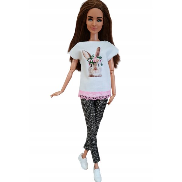 Bluzka mit Spitze für Modellpuppe, elegante weiße Bluse mit Hasenaufdruck