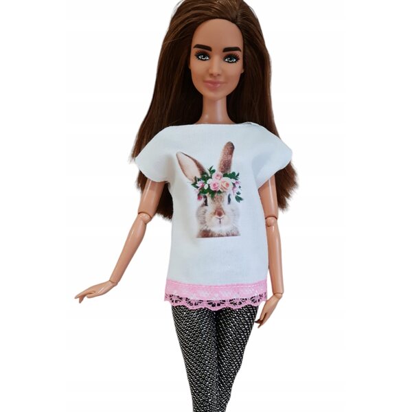 Bluzka mit Spitze für Modellpuppe, elegante weiße Bluse mit Hasenaufdruck