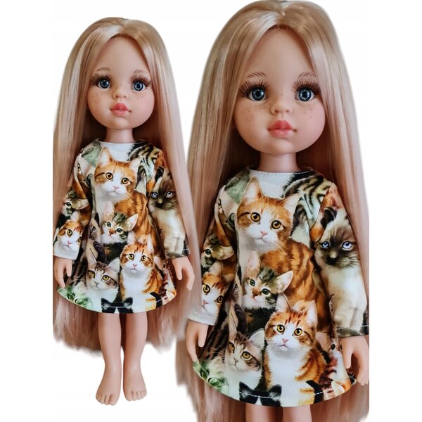 Kleid für Paola Reina 32 cm Puppe mit Katzenmuster und Klettverschluss
