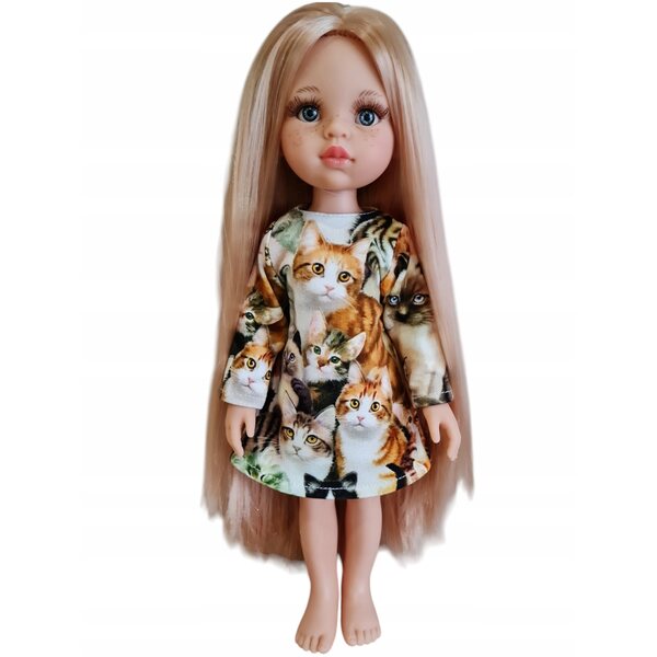 Kleid für Paola Reina 32 cm Puppe mit Katzenmuster und Klettverschluss