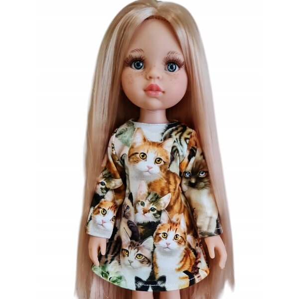 Kleid für Paola Reina 32 cm Puppe mit Katzenmuster und Klettverschluss