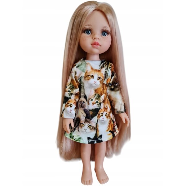 Kleid für Paola Reina 32 cm Puppe mit Katzenmuster und Klettverschluss