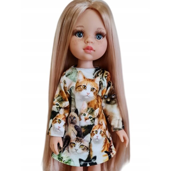 Kleid für Paola Reina 32 cm Puppe mit Katzenmuster und Klettverschluss