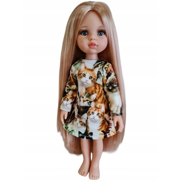 Kleid für Paola Reina 32 cm Puppe mit Katzenmuster und Klettverschluss