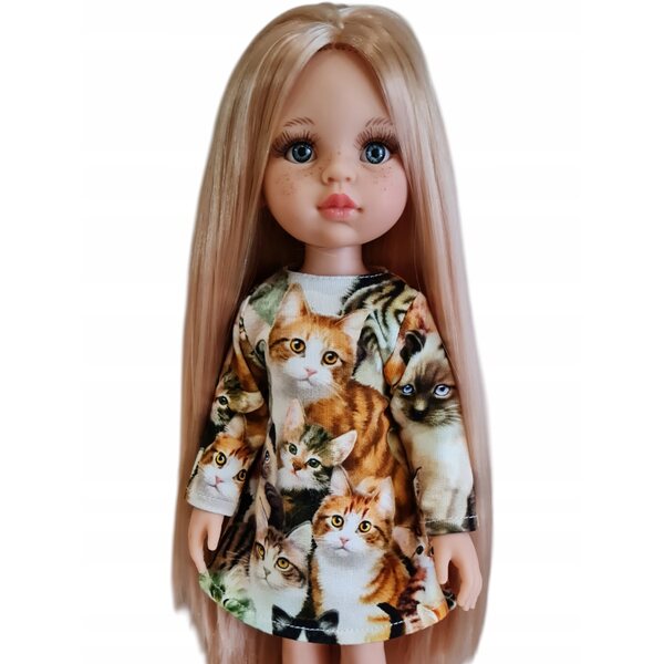 Kleid für Paola Reina 32 cm Puppe mit Katzenmuster und Klettverschluss