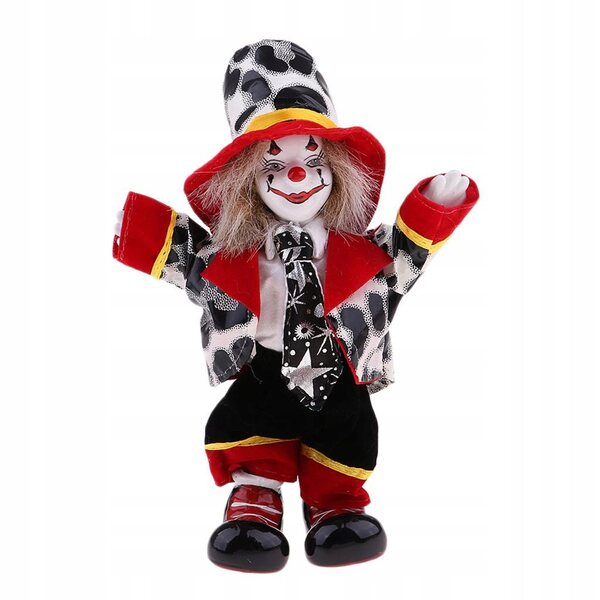 Eine 18 cm große Clownpuppe aus Porzellan, die in einem farbenfrohen Glitzerkostüm lächelt
