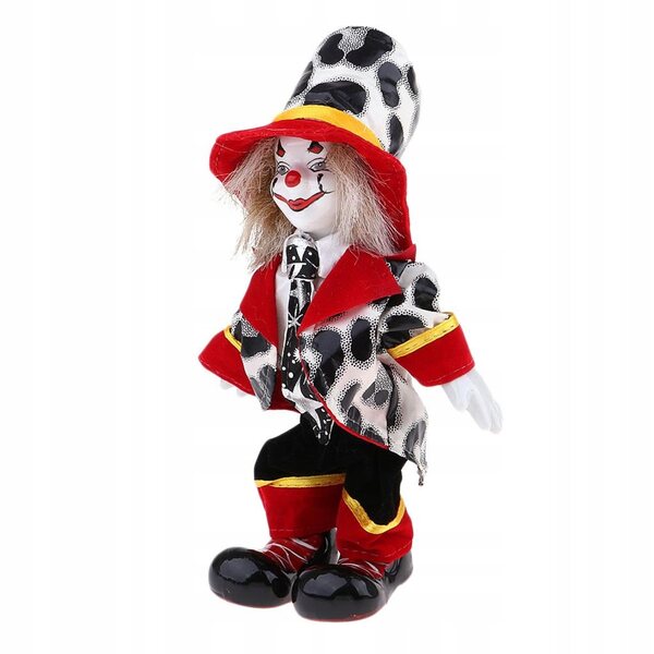 Eine 18 cm große Clownpuppe aus Porzellan, die in einem farbenfrohen Glitzerkostüm lächelt