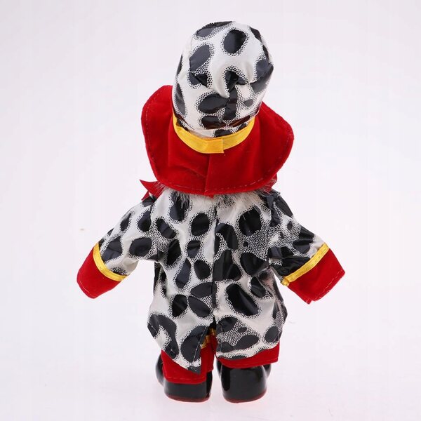 Eine 18 cm große Clownpuppe aus Porzellan, die in einem farbenfrohen Glitzerkostüm lächelt