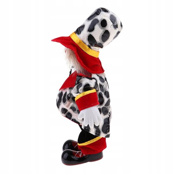 Eine 18 cm große Clownpuppe aus Porzellan, die in einem farbenfrohen Glitzerkostüm lächelt