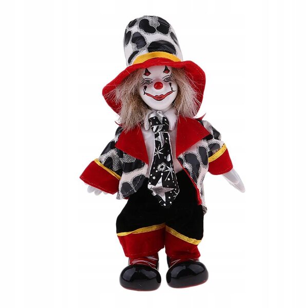 Eine 18 cm große Clownpuppe aus Porzellan, die in einem farbenfrohen Glitzerkostüm lächelt