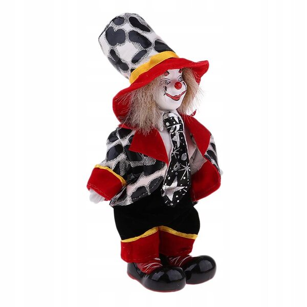 Eine 18 cm große Clownpuppe aus Porzellan, die in einem farbenfrohen Glitzerkostüm lächelt