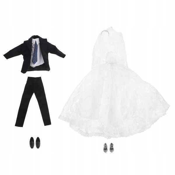 Elegantes und realistisches Set aus Hochzeitskleid und Bräutigamanzug für Puppen