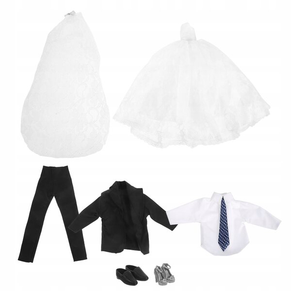 Elegantes und realistisches Set aus Hochzeitskleid und Bräutigamanzug für Puppen