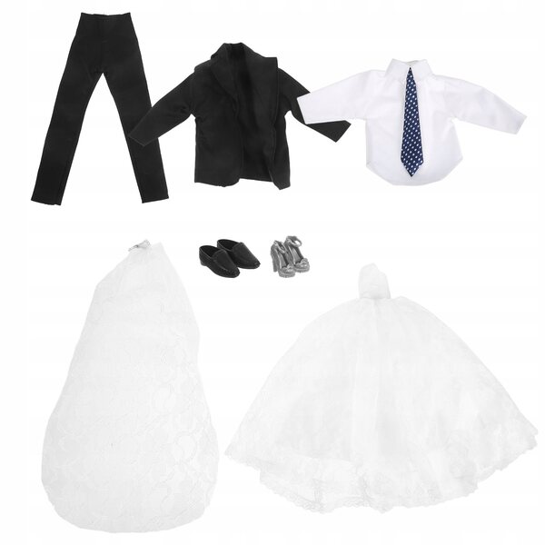 Elegantes und realistisches Set aus Hochzeitskleid und Bräutigamanzug für Puppen