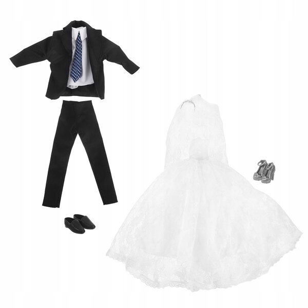 Elegantes und realistisches Set aus Hochzeitskleid und Bräutigamanzug für Puppen