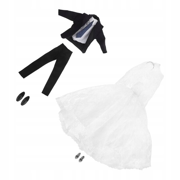 Elegantes und realistisches Set aus Hochzeitskleid und Bräutigamanzug für Puppen