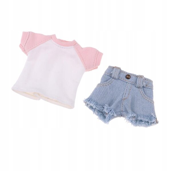 Kleidungsset für 1/6 Blythe-Puppen. Rosafarbenes Stoff-T-Shirt, Shorts und Jeans