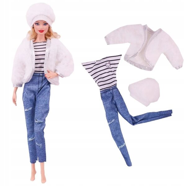 Bekleidungsset für Puppe B: Blauer Kombinezon, weißes Fell, Mütze und Turnschuhe
