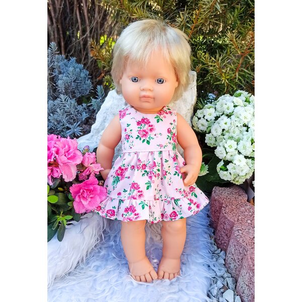 Kleid für 34–38 cm große Miniland Minikane-Puppe aus Baumwolle mit Blumenmuster