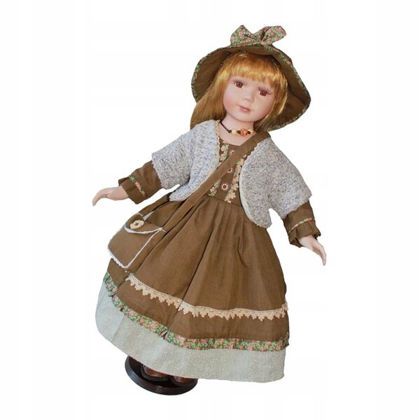 Porzellanpuppe 60 cm Mädchen in brauner Kleidung mit Ständer