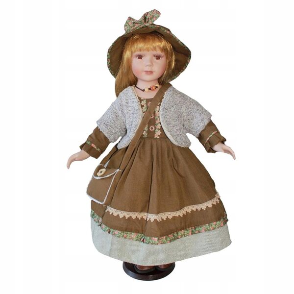 Porzellanpuppe 60 cm Mädchen in brauner Kleidung mit Ständer