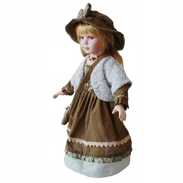 Porzellanpuppe 60 cm Mädchen in brauner Kleidung mit Ständer