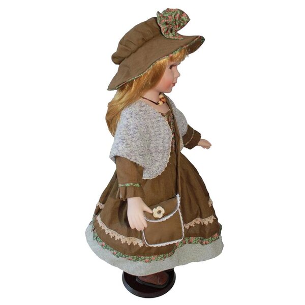Porzellanpuppe 60 cm Mädchen in brauner Kleidung mit Ständer