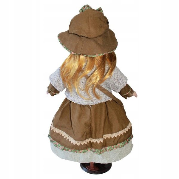 Porzellanpuppe 60 cm Mädchen in brauner Kleidung mit Ständer