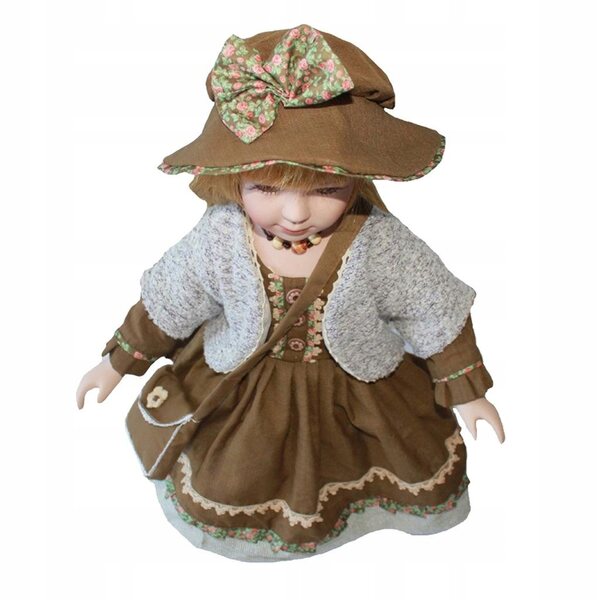 Porzellanpuppe 60 cm Mädchen in brauner Kleidung mit Ständer