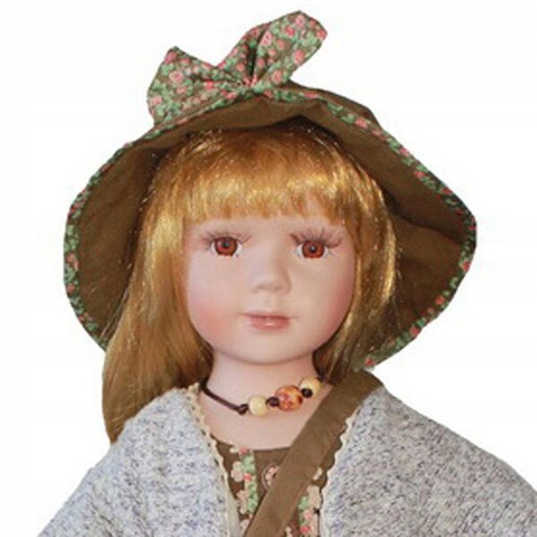 Porzellanpuppe 60 cm Mädchen in brauner Kleidung mit Ständer