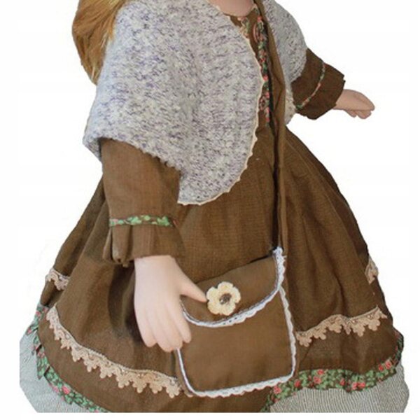 Porzellanpuppe 60 cm Mädchen in brauner Kleidung mit Ständer