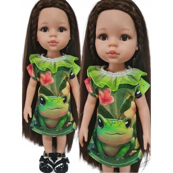 Kleid für 32 cm große Paola Reina-Puppe mit Froschmotiv und Tüllrüschen
