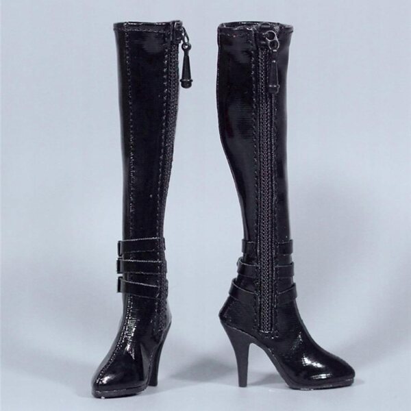 Schwarze Damen-Stiefeletten aus PU mit hohem Absatz für 12-Zoll-Actionfiguren im Maßstab 1/6