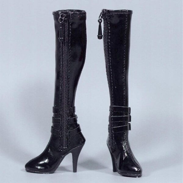 Schwarze Damen-Stiefeletten aus PU mit hohem Absatz für 12-Zoll-Actionfiguren im Maßstab 1/6