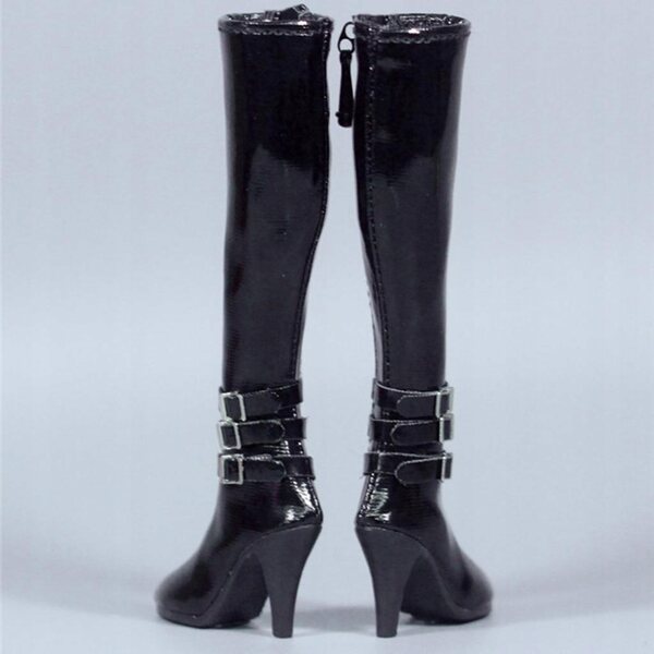 Schwarze Damen-Stiefeletten aus PU mit hohem Absatz für 12-Zoll-Actionfiguren im Maßstab 1/6