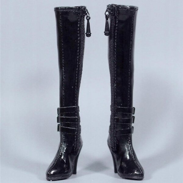 Schwarze Damen-Stiefeletten aus PU mit hohem Absatz für 12-Zoll-Actionfiguren im Maßstab 1/6