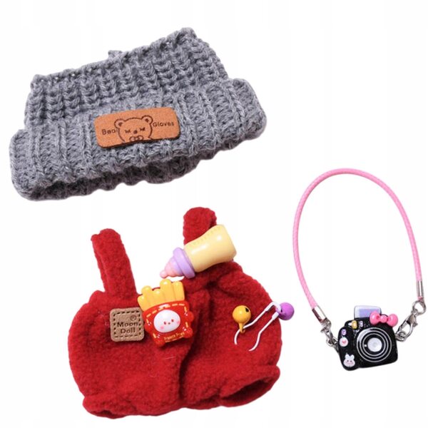 Rompers per bambole 17 cm rossi con cappello e fotocamera - vestiti educativi