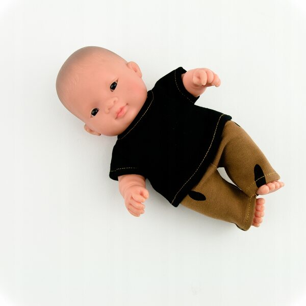 Kleidung für eine Miniland-Babypuppe, schwarze Bluse und braune Shorts, 21 cm