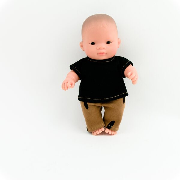 Kleidung für eine Miniland-Babypuppe, schwarze Bluse und braune Shorts, 21 cm