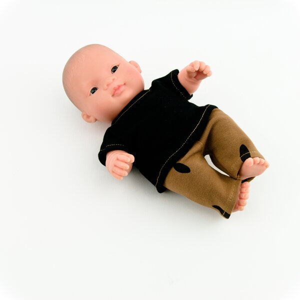 Kleidung für eine Miniland-Babypuppe, schwarze Bluse und braune Shorts, 21 cm