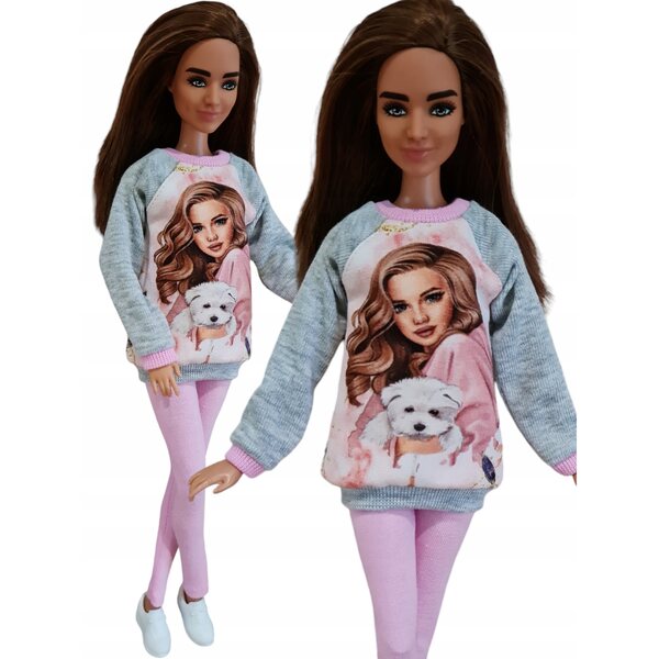 Komplettes 2-in-1-Set für Modepuppen: Sweatshirt und Leggings in Rosa und Grau