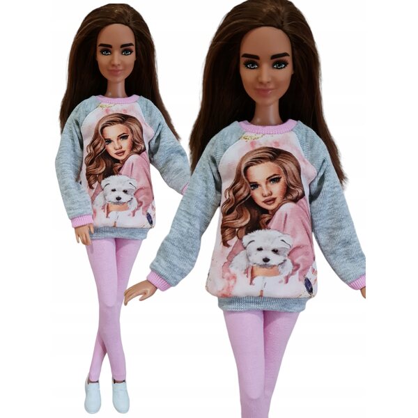 Komplettes 2-in-1-Set für Modepuppen: Sweatshirt und Leggings in Rosa und Grau