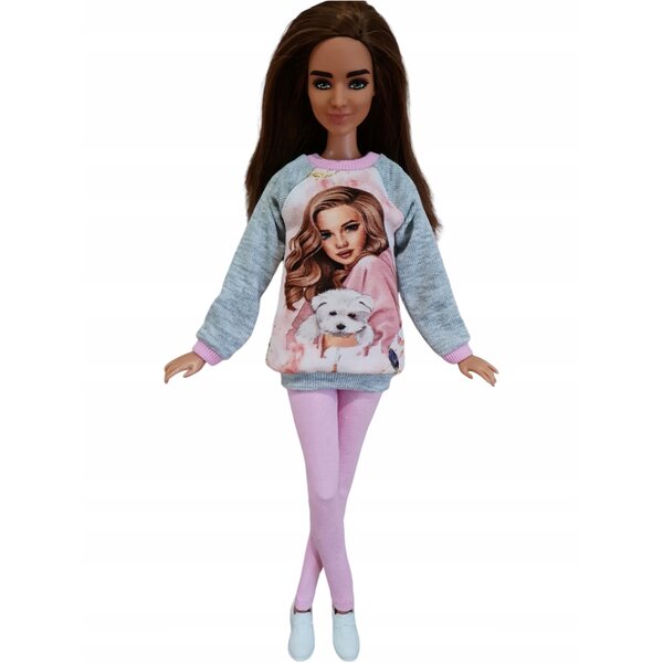 Komplettes 2-in-1-Set für Modepuppen: Sweatshirt und Leggings in Rosa und Grau