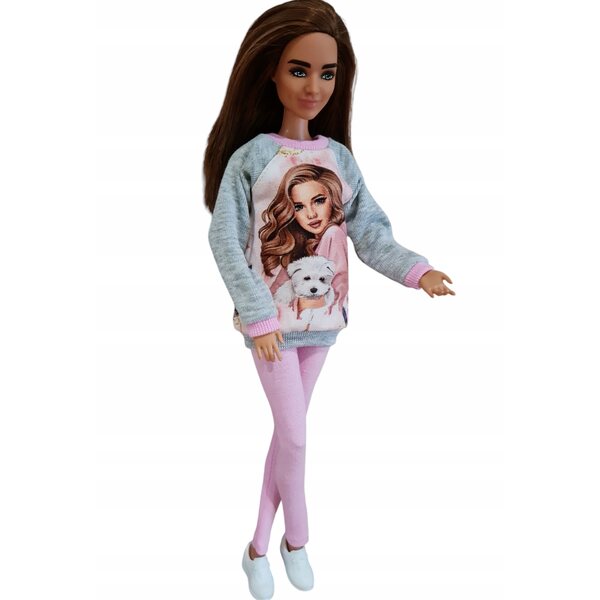 Komplettes 2-in-1-Set für Modepuppen: Sweatshirt und Leggings in Rosa und Grau