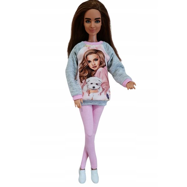 Komplettes 2-in-1-Set für Modepuppen: Sweatshirt und Leggings in Rosa und Grau