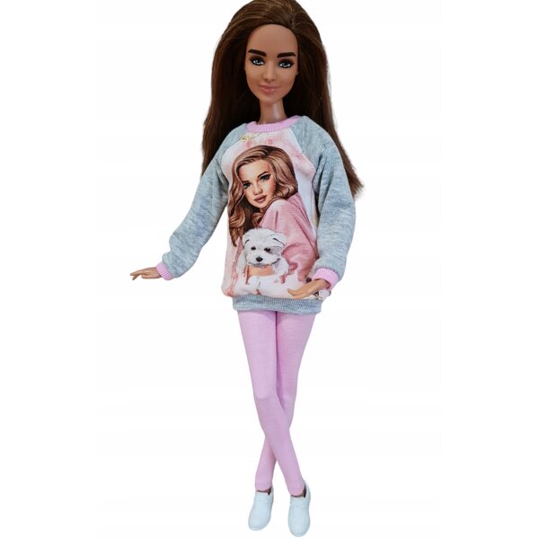 Komplettes 2-in-1-Set für Modepuppen: Sweatshirt und Leggings in Rosa und Grau
