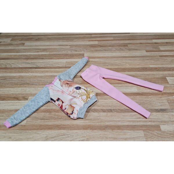 Komplettes 2-in-1-Set für Modepuppen: Sweatshirt und Leggings in Rosa und Grau